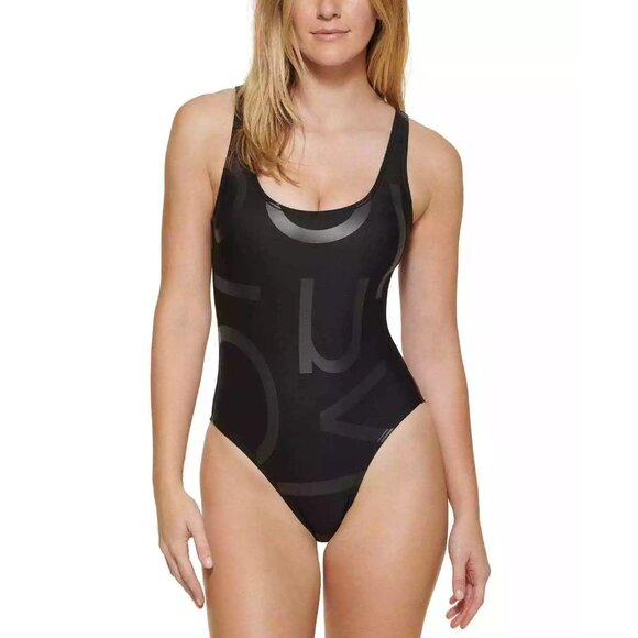 Calvin Klein Black Deep U-Back Logo One-Piece Swimsuit Removable Cups M - Picture 1 of 7